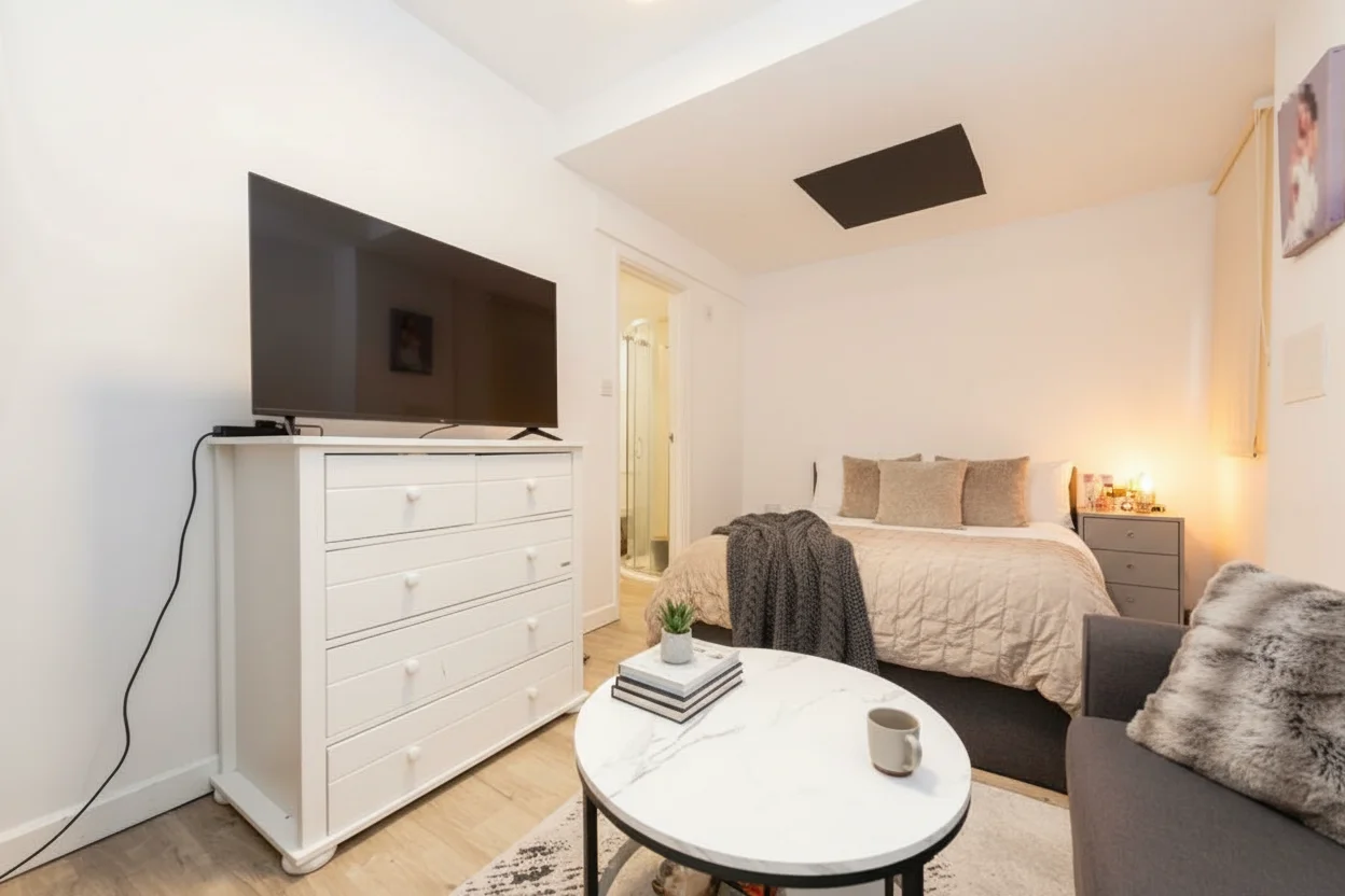Bedroom with a double bed and a garden view, enhanced